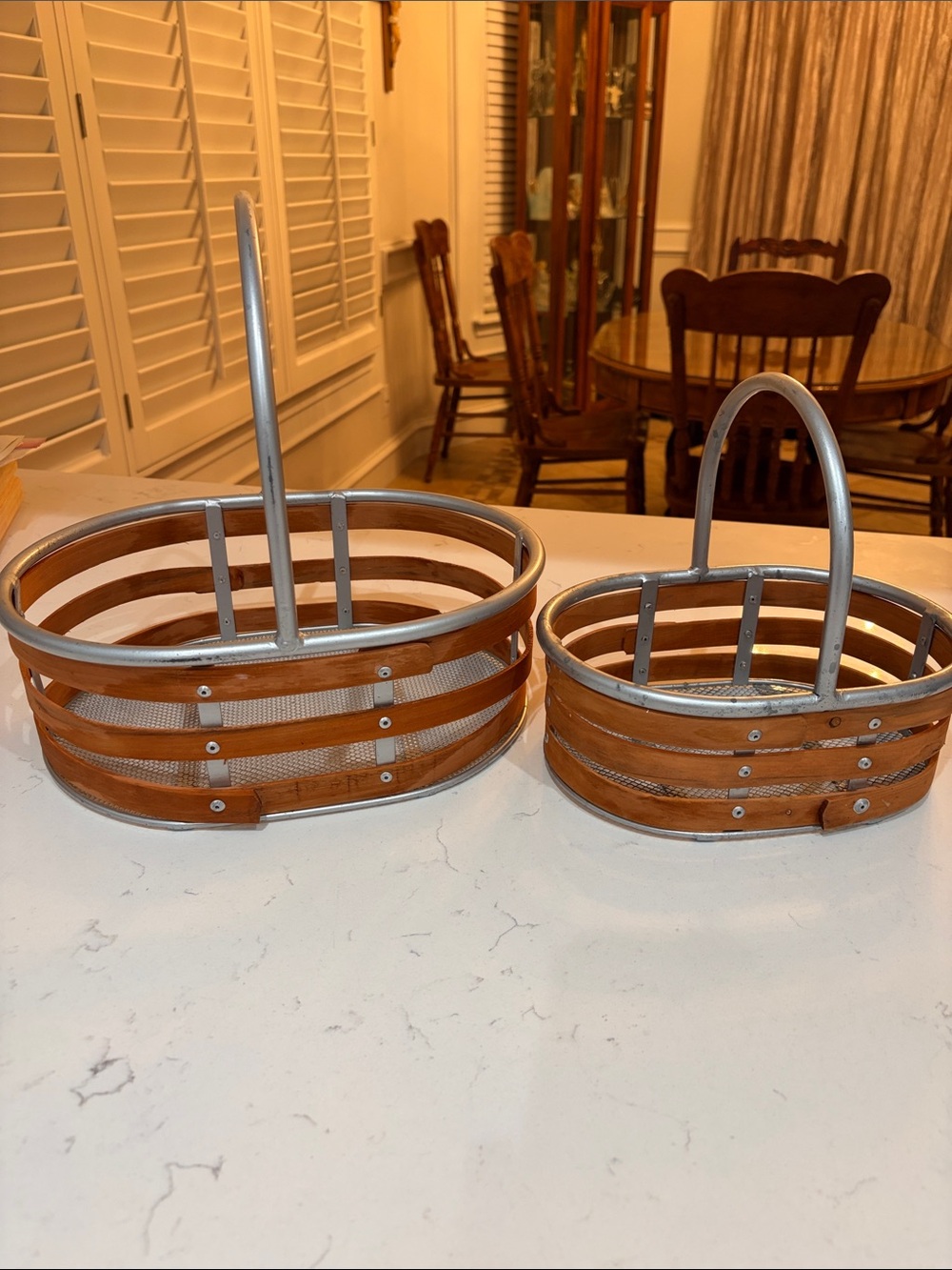 Pair of Vintage PreOwned Industrial Metal & Wood Baskets 1 Large & 1 Medium